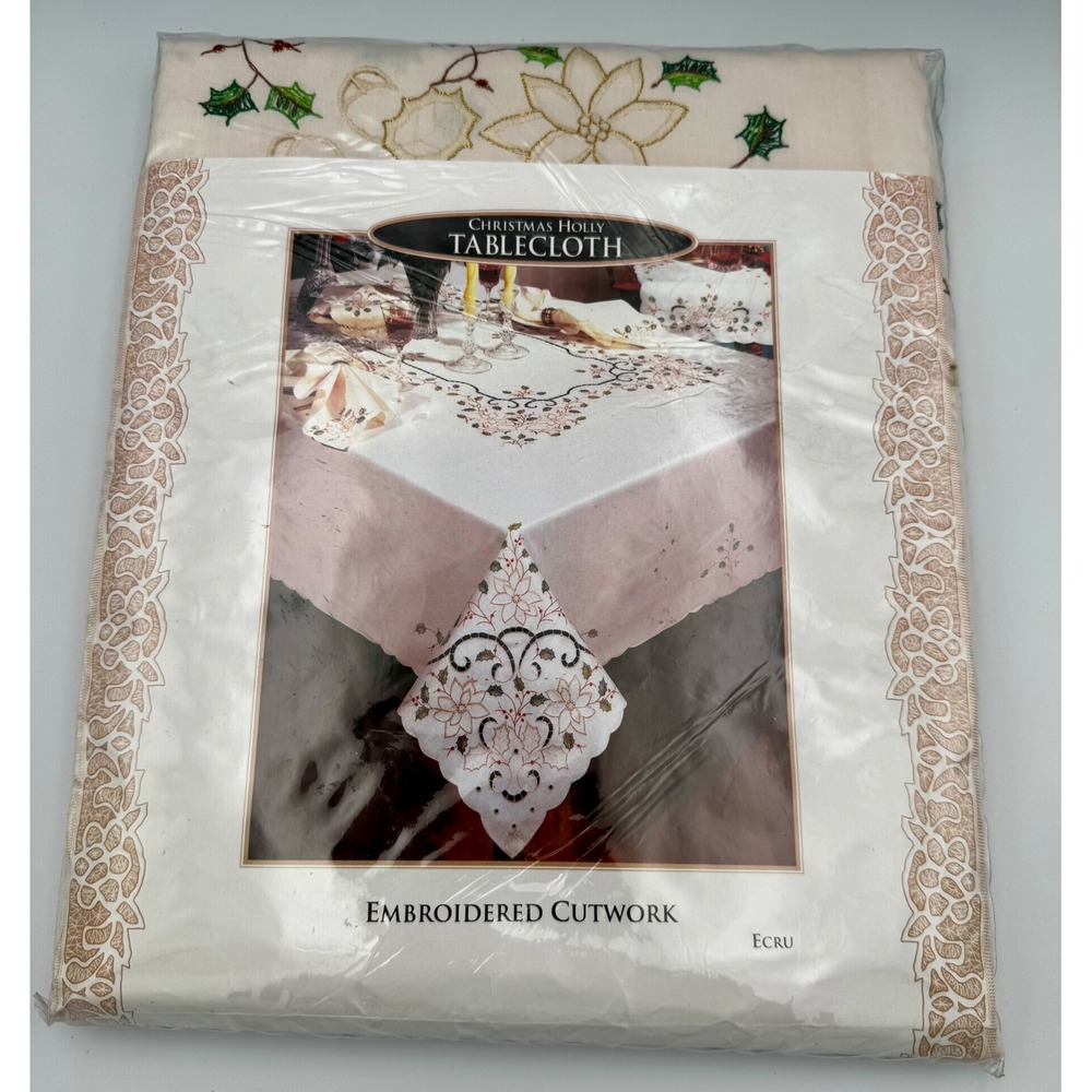 Vtg 1995 Christmas Holly Tablecloth 66x84 Oblong NIP Embroidered Cutwork Ecru